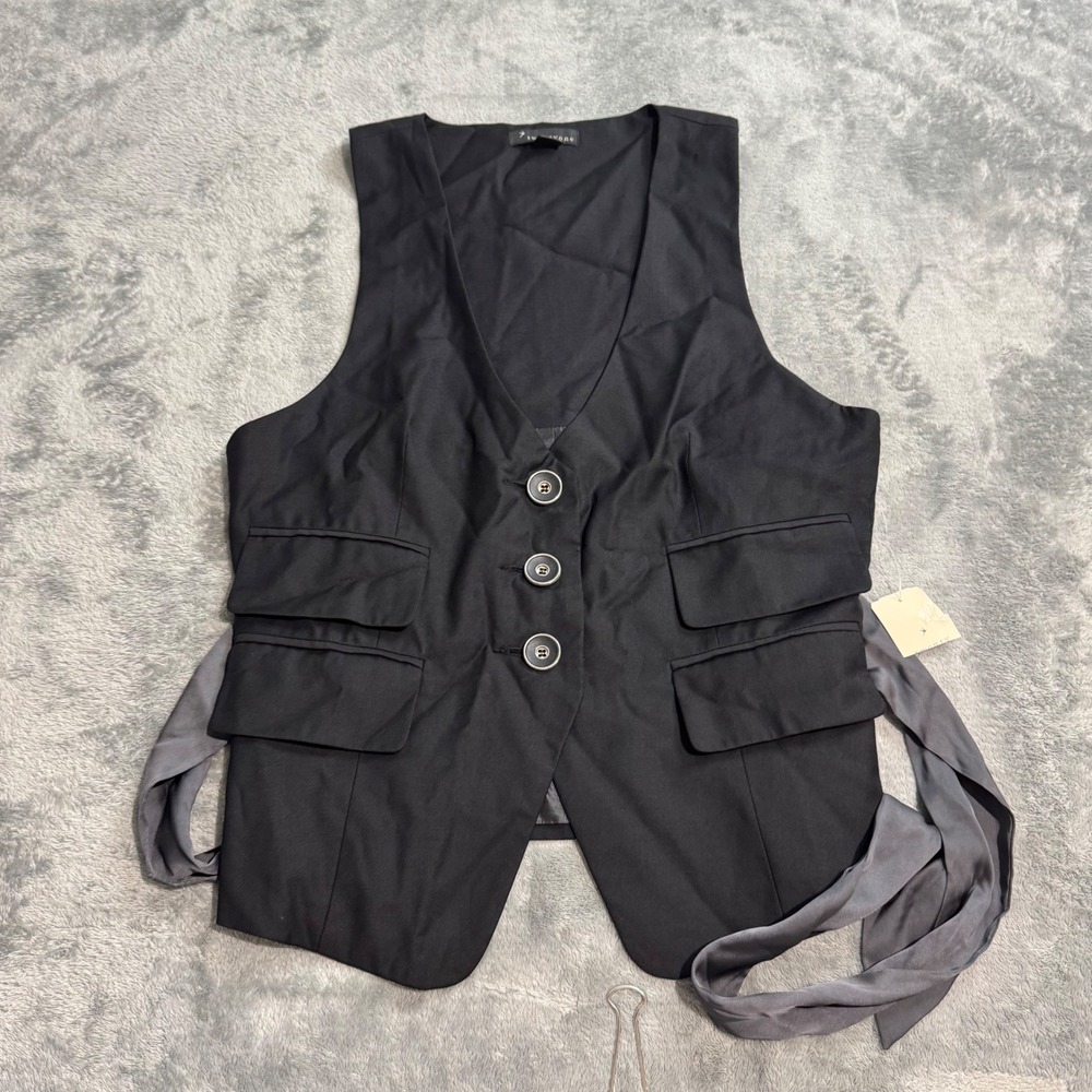 NEW VTG Y2K Twentyone Black Tailored Vest Satin Back Tie Ribbon Accent Large